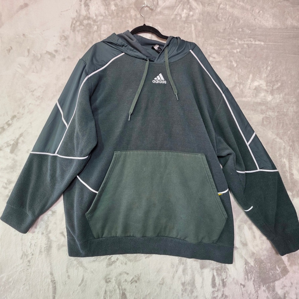 Adidas Mens 2XL Forest Green Fleece Hoodie Mixed Media Pullover RN 88387